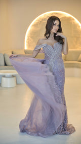 Lavender Haute Couture Designer Evening Gown with Hand-beadwork