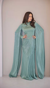 Exclusive Liquid Chiffon Cape Sleeve dress with Jewel detail on waistline