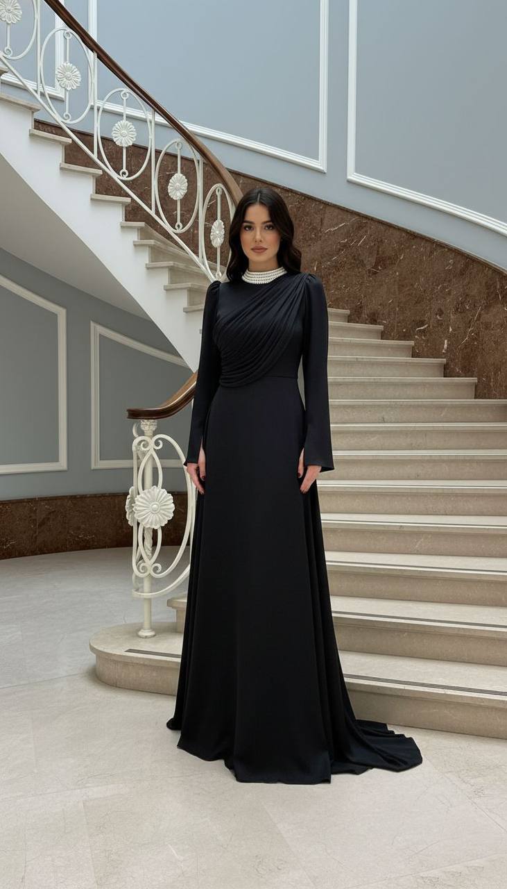 Exclusive Luxury Black Dress with Hand-beaded Neckline & single sided Cape Sleeve
