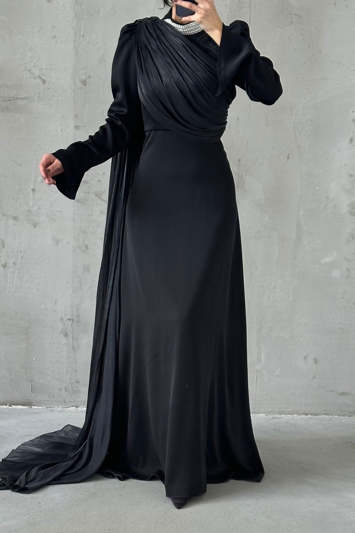 Exclusive Luxury Black Dress with Hand-beaded Neckline & single sided Cape Sleeve