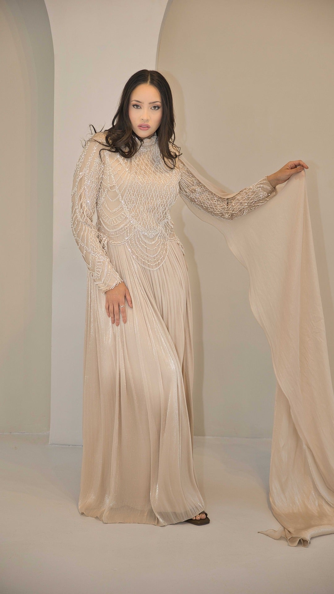 Champagne Liquid Chiffon with Beaded Bodice