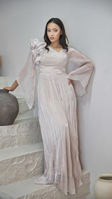 Exclusive Liquid Chiffon dress with Floral Pearl Detail and Ruffled Sleeve design