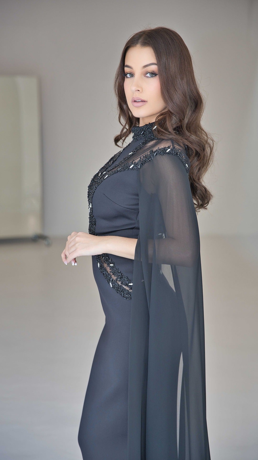 Exclusive Black Evening Dress with Cape Sleeves and Rhinestones.