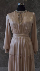 Exclusive Champagne Liquid Chiffon dress with Jewel Detail on Neckline