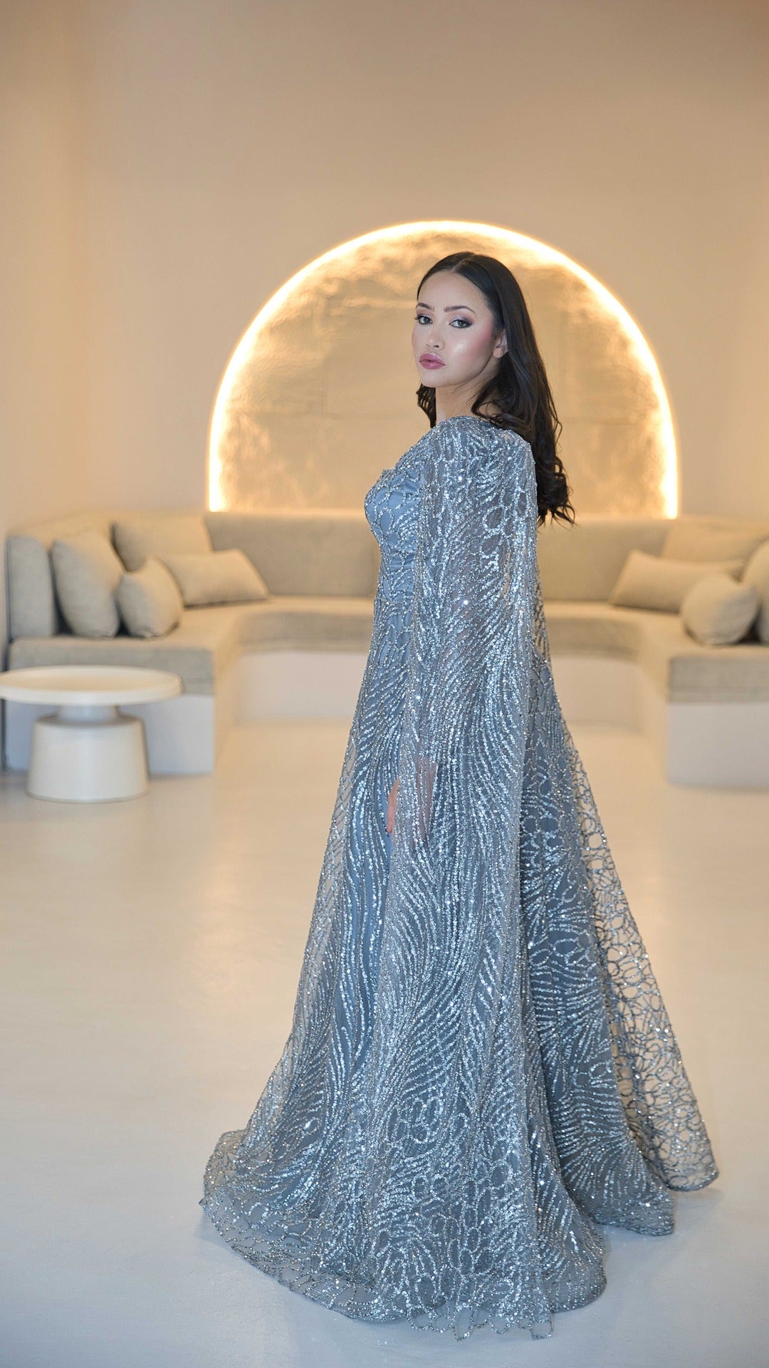 Grey Blue Cape Sleeve Evening Dress