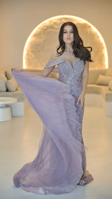 Lavender Haute Couture Designer Evening Gown with Hand-beadwork