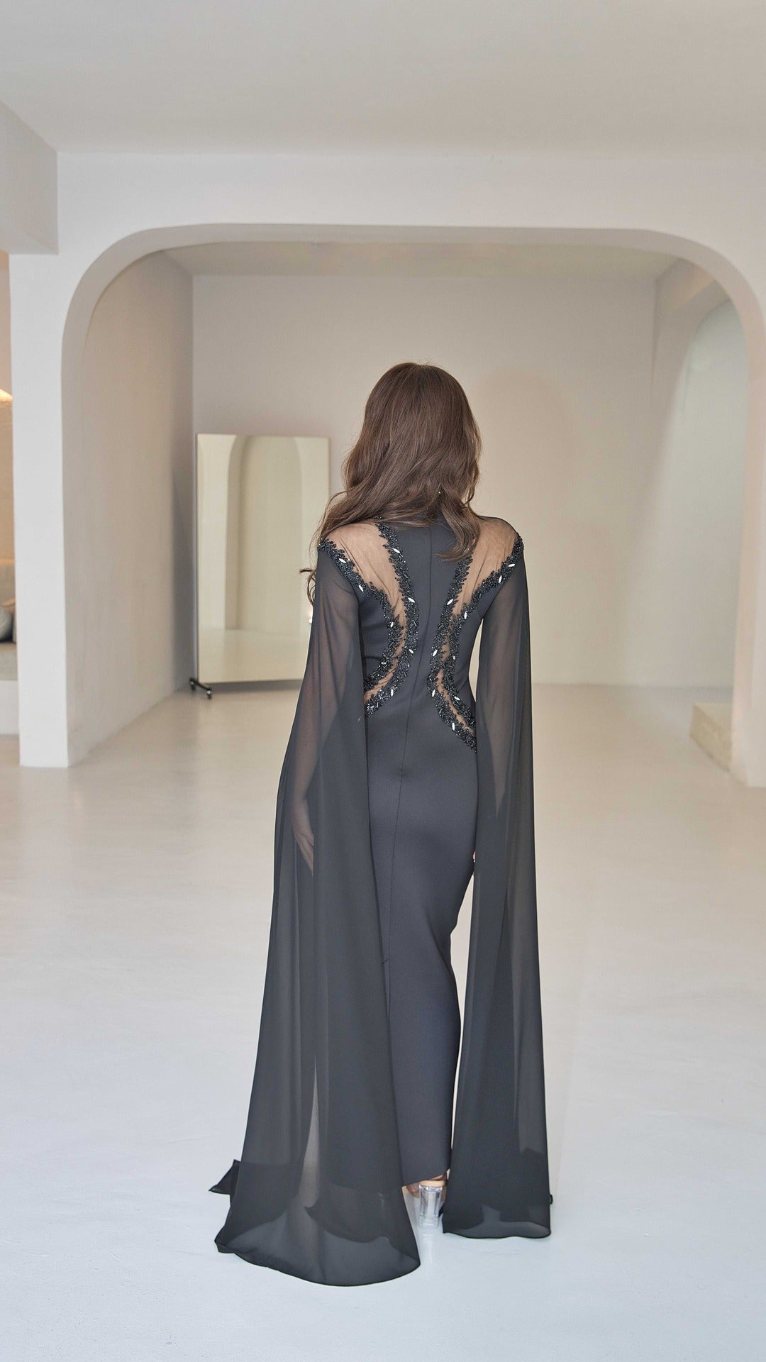 Exclusive Black Evening Dress with Cape Sleeves and Rhinestones.