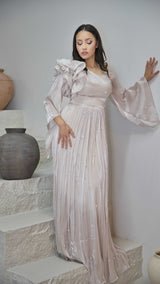 Exclusive Liquid Chiffon dress with Floral Pearl Detail and Ruffled Sleeve design