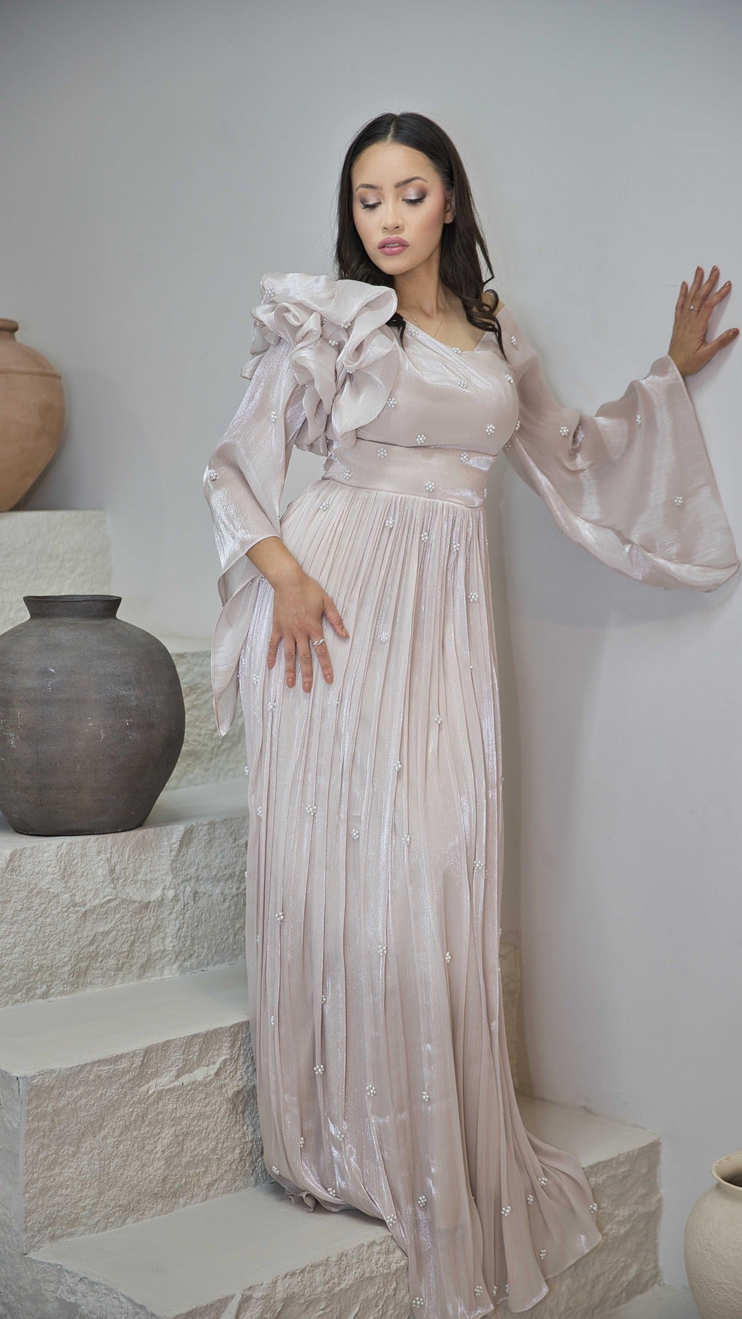 Exclusive Liquid Chiffon dress with Floral Pearl Detail and Ruffled Sleeve design