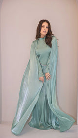 Exclusive Liquid Chiffon Cape Sleeve dress with Jewel detail on waistline