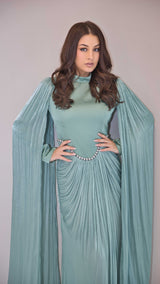 Exclusive Liquid Chiffon Cape Sleeve dress with Jewel detail on waistline