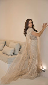 Exclusive Evening Gown with Feathered Shoulders & Cape Sleeves