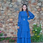 Blue Tiered Chiffon Belted Dress